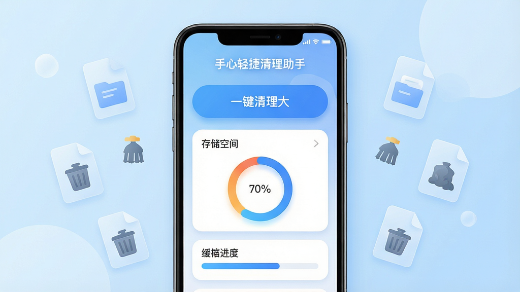 手机屏幕中央展示“手心轻捷清理助手”应用主界面,界面包含一键清理大按钮、存储空间环形图与缓存扫描进度条,背景为浅蓝渐变,四周漂浮着半透明的文件图标与垃圾清理符号,整体布局简洁对称,风格为扁平化科技插画,细节包含圆角卡片、柔和阴影与清晰的功能分区,画质高清,画面干净,无多余元素
