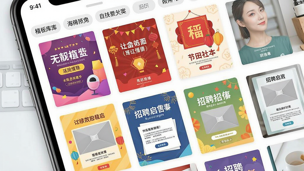 一张展示海报设计室模板库界面的图片,画面中手机屏幕显示多个分类标签和海报模板网格,模板封面包含促销海报、节日贺卡、招聘启事等不同样式,色彩丰富但排列整齐,风格为清新明亮的移动端界面设计,细节包括模板上的文字区域和图片占位框,画质清晰,画面干净,无多余元素