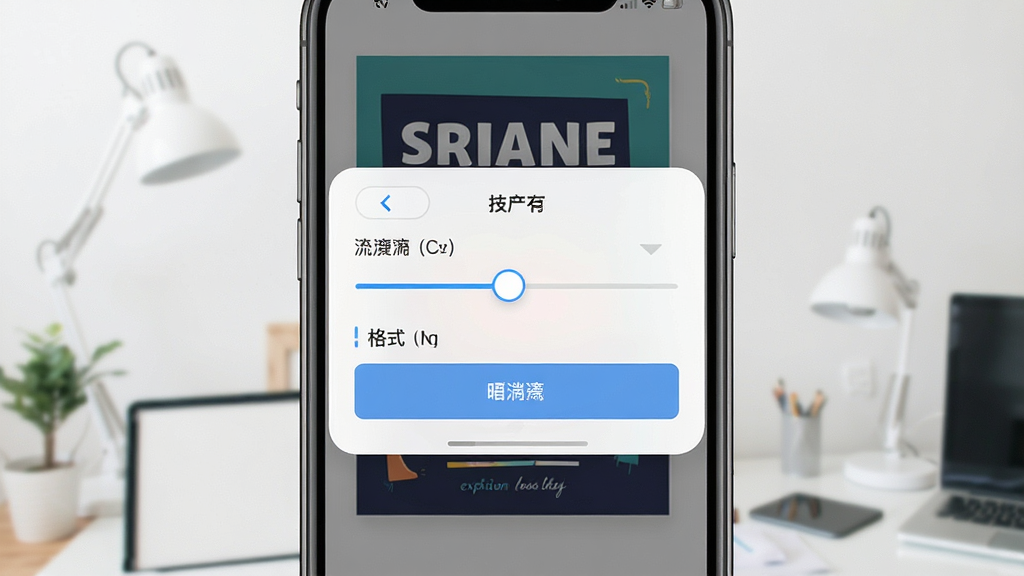 一张展示海报设计室导出设置界面的图片,手机屏幕弹出导出选项面板,包含清晰度选择滑块和格式选项,背景是已完成的海报预览图,风格为简洁的移动端弹窗设计,细节包括按钮文字和滑块样式,画质清晰,画面干净,无多余元素