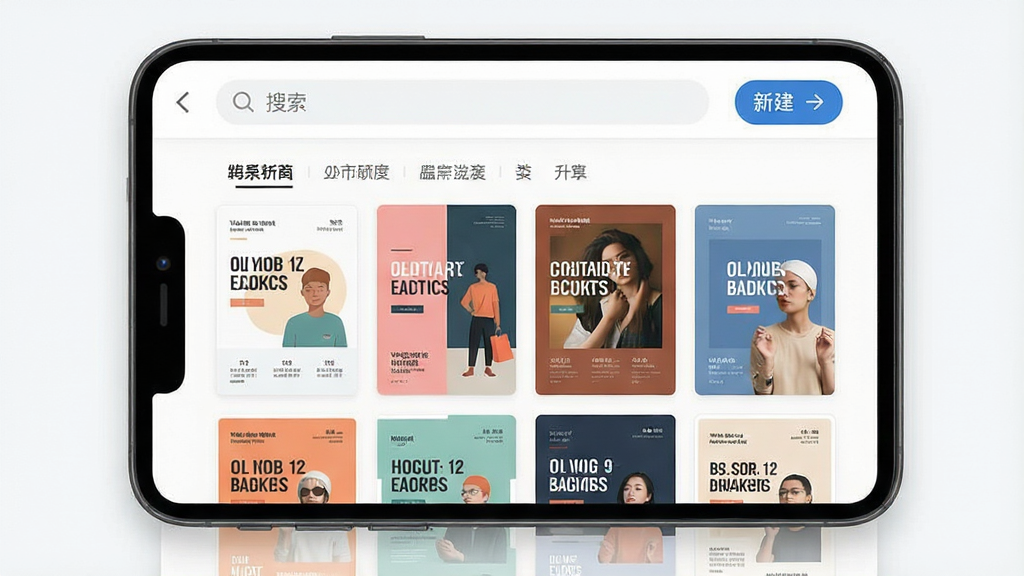 一张手机屏幕展示海报设计室软件主界面,画面中央是整齐排列的海报模板缩略图,分类标签清晰可见,顶部有搜索框和新建按钮,整体布局干净有序,风格为现代扁平化UI设计,细节包括模板封面上的文字排版和配色方案,画质清晰,画面干净,无多余元素