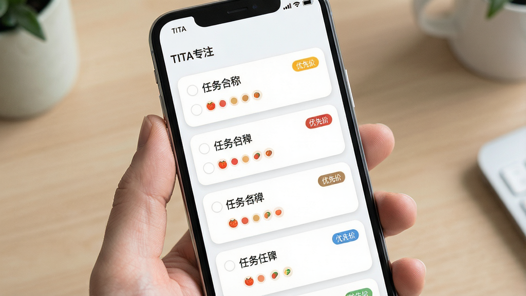 一张TITA专注任务清单页面的产品展示图,画面为手机屏幕显示多条待办任务卡片,每张卡片包含任务名称、番茄数量小圆点与优先级色标,布局为纵向列表排列,风格清新浅色系,细节包含圆角卡片与轻量阴影,画质清晰干净,界面中可见“TITA专注”字样