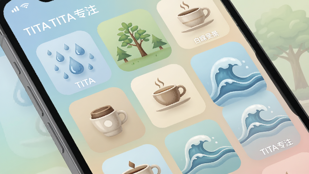 一张TITA专注白噪音功能界面的渲染图,画面为手机屏幕展示多个音景图标卡片,包含雨滴、树木、咖啡杯与波浪图形,布局为网格排列,风格柔和自然色系,细节包含细腻图标与柔和渐变背景,画质清晰干净,界面中可见“TITA专注”字样