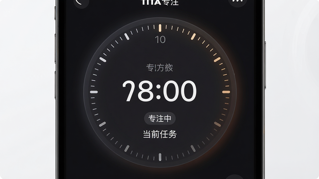 一张TITA专注番茄计时界面的特写渲染图,画面主体为手机屏幕上的圆形倒计时表盘,表盘中央显示剩余分钟数,下方有“专注中”状态标签与当前任务名称,背景为深色护眼模式,布局居中突出计时器,风格沉稳专注,细节包含柔和光晕与细腻刻度,画质清晰干净,界面中可见“TITA专注”字样
