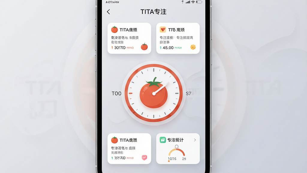 一张手机屏幕正面展示TITA专注应用主界面的产品渲染图,画面中央是简洁的番茄钟圆形计时器,周围环绕任务卡片与专注统计小模块,背景为柔和浅灰渐变,整体布局居中对称,风格现代简约扁平化,细节包含细腻的阴影与圆角图标,画质清晰干净,无多余元素,界面中可见“TITA专注”字样