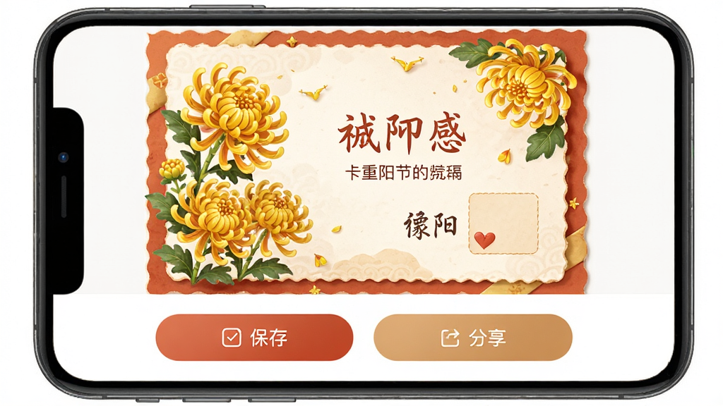 贺卡制作软件导出与分享界面展示图,画面主体为一张已完成的重阳节贺卡成品预览,布局为上方成品大图、下方保存与分享按钮排列,排版简洁直观,风格为温暖柔和的移动端界面风,细节包含贺卡上的菊花图案、祝福文字与落款区域,画质清晰,干净,无多余元素