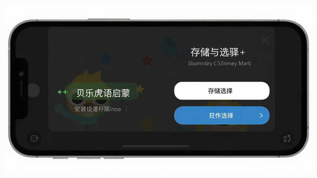 贝乐虎英语启蒙安装设置界面示意,手机屏幕显示权限授予与存储选择页面,简洁扁平风格,布局清晰,画质干净