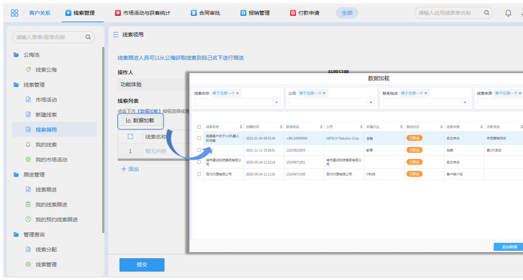 万商云 客户线索管理后台界面示意