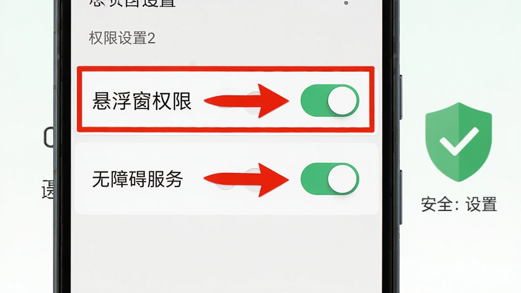一部安卓手机屏幕显示权限设置页面,高亮标注“悬浮窗权限”和“无障碍服务”两个开关,旁边有红色箭头指向开启状态;画面右侧有一个绿色盾牌图标代表安全设置,整体风格清新浅色,布局直观,画质干净高清,无多余装饰