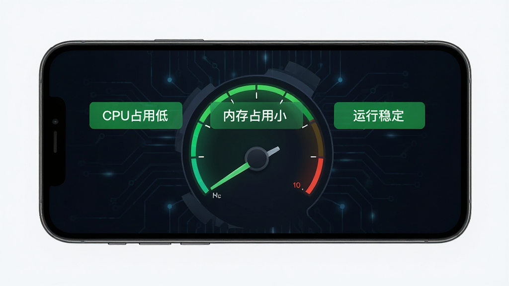 手机屏幕显示一个简洁的性能仪表盘,上面有“CPU占用低”“内存占用小”“运行稳定”三个绿色标签,背景为深色科技感界面,仪表盘指针指向绿色区域;整体风格简约商务,布局规整,画质清晰干净,无多余元素