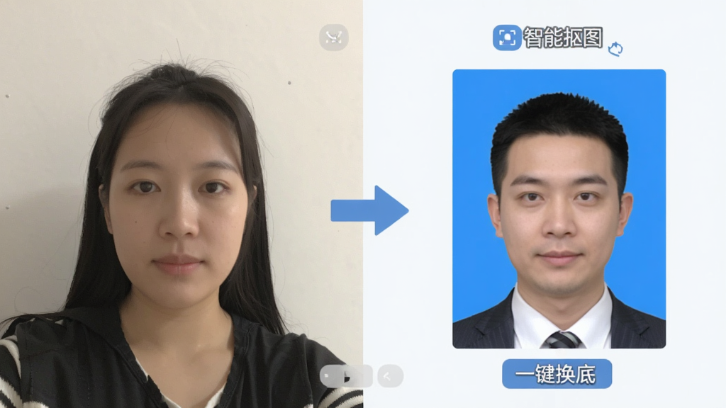 免费证件照制作软件智能抠图功能展示,画面左侧为一张普通手机自拍照,右侧为经过软件处理后背景变为纯蓝色的标准证件照,中间以箭头连接表示处理过程,界面采用浅色背景,配有“智能抠图”“一键换底”等文字标签,扁平化设计风格,画质清晰,构图干净,无多余装饰