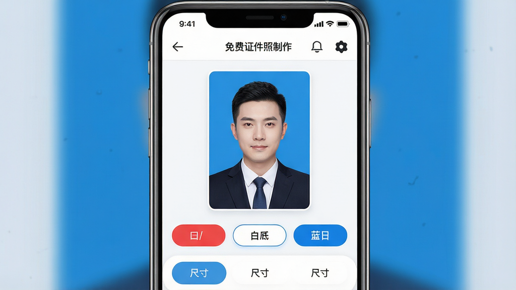 一款名为“免费证件照制作”的手机应用界面展示图,主体为手机屏幕内显示证件照编辑页面,画面中央是一张标准一寸证件照预览,背景为蓝色,人物穿着正装,下方排列红底、白底、蓝底切换按钮与尺寸选择栏,布局简洁清晰,采用现代扁平化UI设计风格,细节包括顶部状态栏、功能图标和圆角卡片式排版,画质高清,画面干净,无多余元素