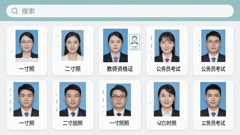 免费证件照制作软件的规格模板选择界面,手机屏幕内以网格形式排列多张证件照模板缩略图,每张缩略图下方标注“一寸照”“二寸照”“教师资格证”“公务员考试”等文字,界面顶部有搜索框,整体配色清爽素雅,卡片式布局,画质高清,画面干净整洁