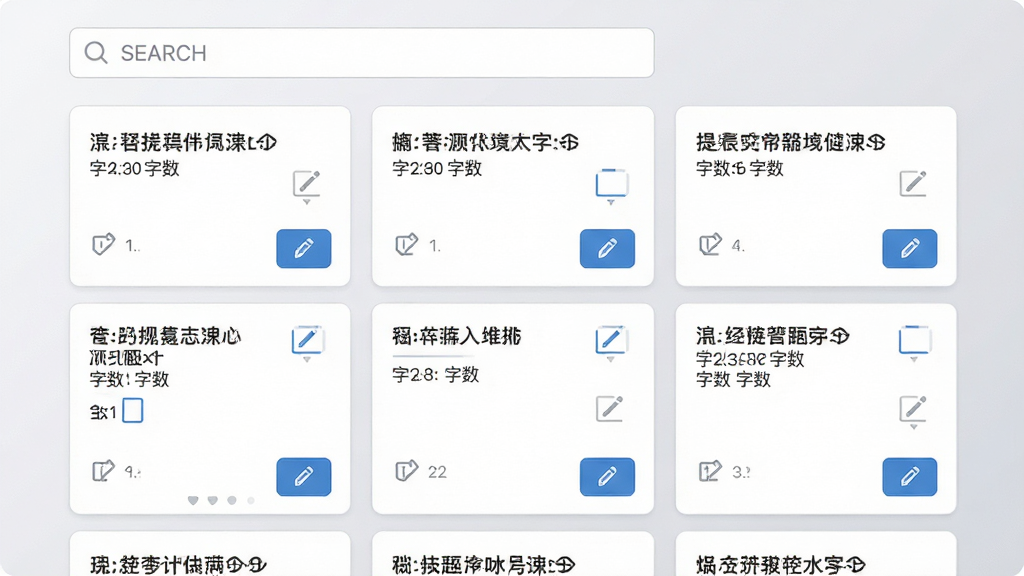 快看提词器脚本列表页面,主体为多份脚本卡片整齐排列,布局为顶部搜索栏加下方卡片流,排版清晰有序,风格为简约商务风,细节包括每张卡片显示标题与字数、右下角有编辑按钮、背景为浅灰渐变,画质高清,干净无杂乱元素