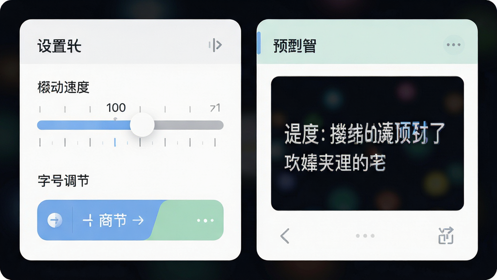 快看提词器功能界面特写,主体为设置面板上的滚动速度滑杆与字号调节按钮,布局为左侧滑杆右侧预览文字,排版呈卡片式分区,风格为清新扁平化UI,细节包括滑杆刻度清晰、预览文字实时变化、配色柔和,画质高清,干净简洁
