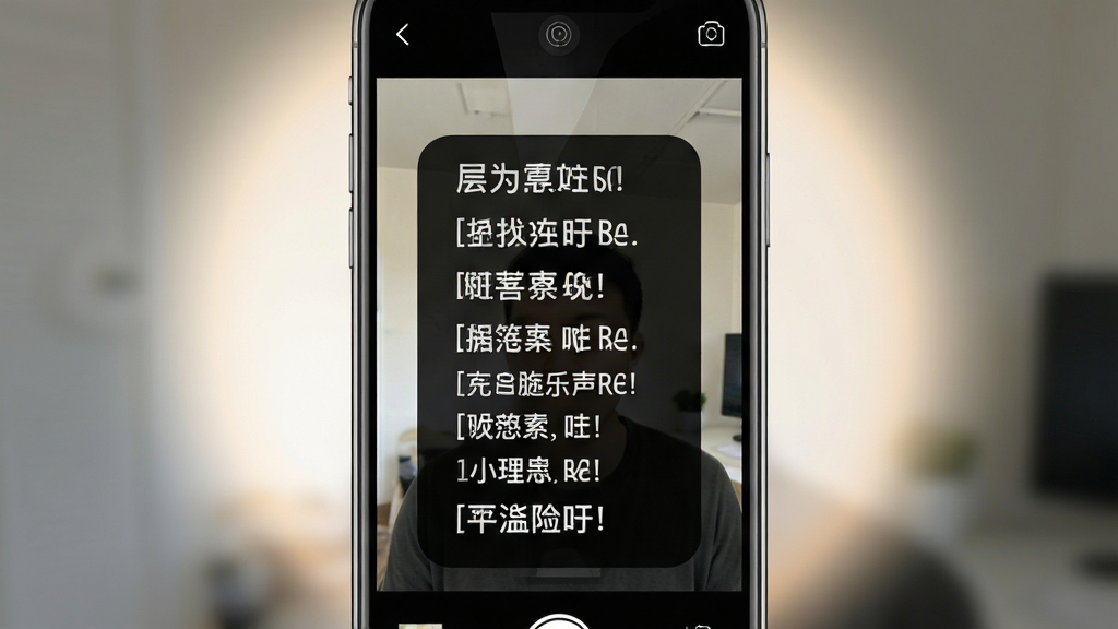 手机屏幕竖屏展示悬浮提词器界面,主体为半透明黑色悬浮窗内白色大字台词正在向上滚动,背景是相机拍摄画面,布局为手机居中放置,周围有柔和光晕,排版突出悬浮窗与拍摄画面的叠层关系,风格为科技感UI产品展示图,细节包括悬浮窗边缘圆角、滚动文字清晰、屏幕反光自然,画质高清1080p,干净无多余元素