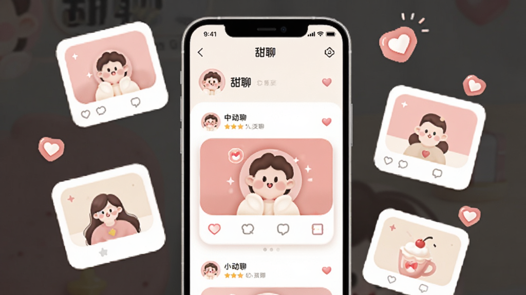 画面主体是一部手机展示“甜聊”个人主页与动态信息流,页面中有头像、动态卡片与点赞图标,布局为手机居中、周围漂浮图片卡片与爱心图标,排版简洁有序,风格为柔和圆角插画,细节包括浅粉与米白配色、圆角动态卡片、清晰的头像与图标,画质高清、干净、无多余元素