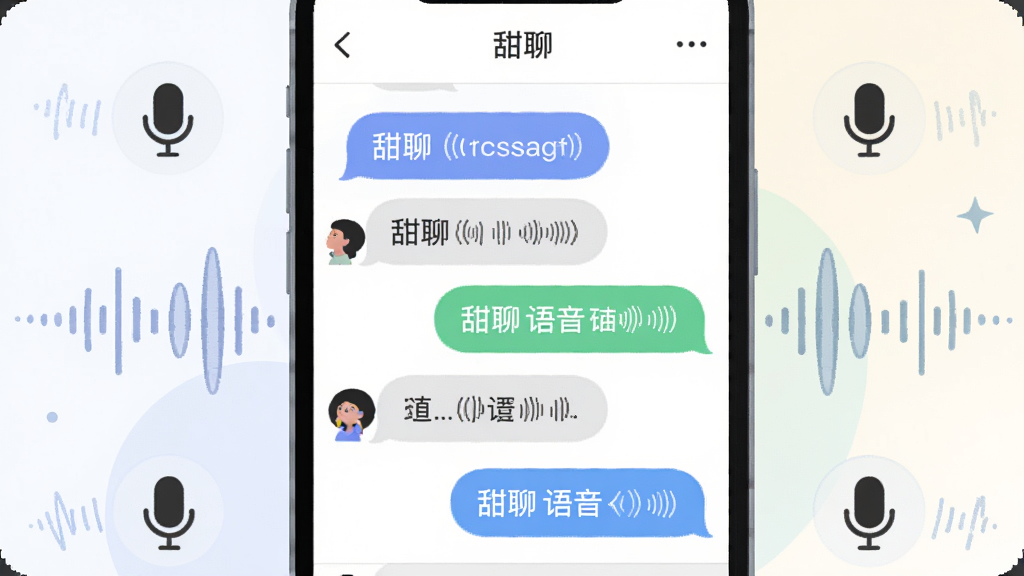 画面主体是一部手机屏幕特写,屏幕中展示“甜聊”的语音消息气泡与文字对话列表,布局为手机屏幕占画面中心、周围环绕麦克风图标与声波线条,排版纵向清晰,风格为现代扁平UI插画,细节包括柔和的浅色背景、圆角消息气泡、清晰的声波纹理,画质高清、干净、无多余元素
