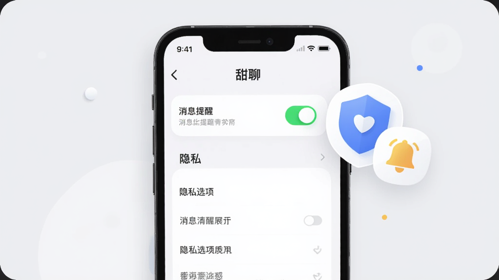 画面主体是一部手机显示“甜聊”设置页面,页面中有消息提醒开关与隐私选项列表,布局为手机居中、右侧漂浮盾牌与铃铛图标,排版清晰规整,风格为简约科技感插画,细节包括浅灰背景、圆角设置卡片、清晰的开关状态与图标,画质高清、干净、无多余元素