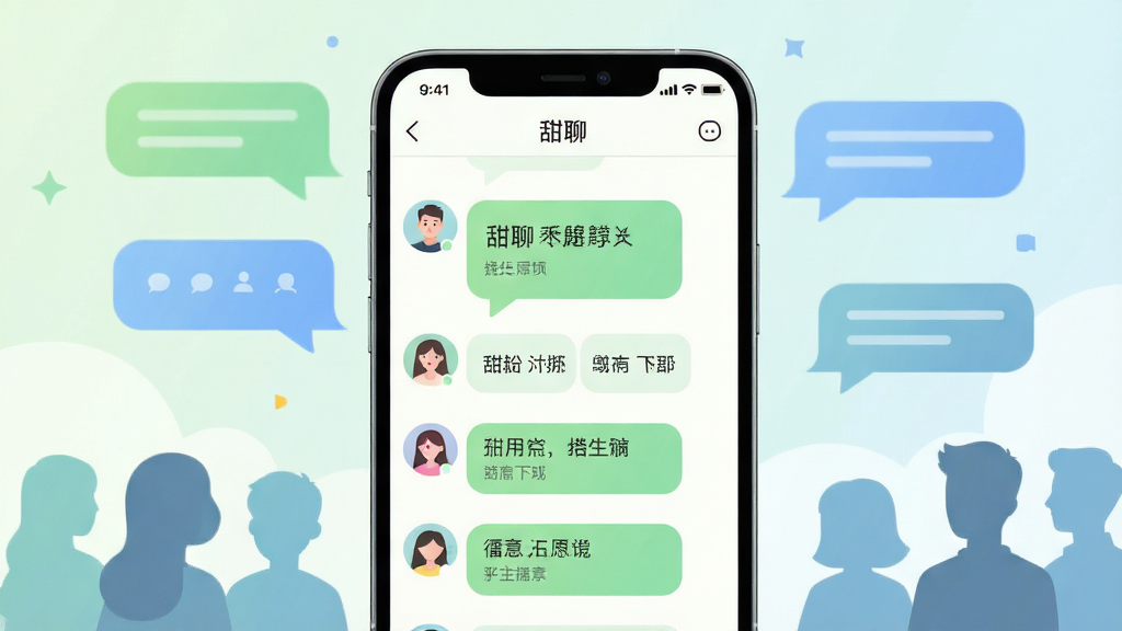画面主体是一部手机显示“甜聊”群组聊天页面,页面中有多个用户头像与话题标签,布局为手机居中、背景点缀对话气泡与人群剪影,排版层次分明,风格为清新社交类插画,细节包括柔和的绿色与蓝色调、圆角群组卡片、清晰的话题标签文字,画质高清、干净、无多余元素