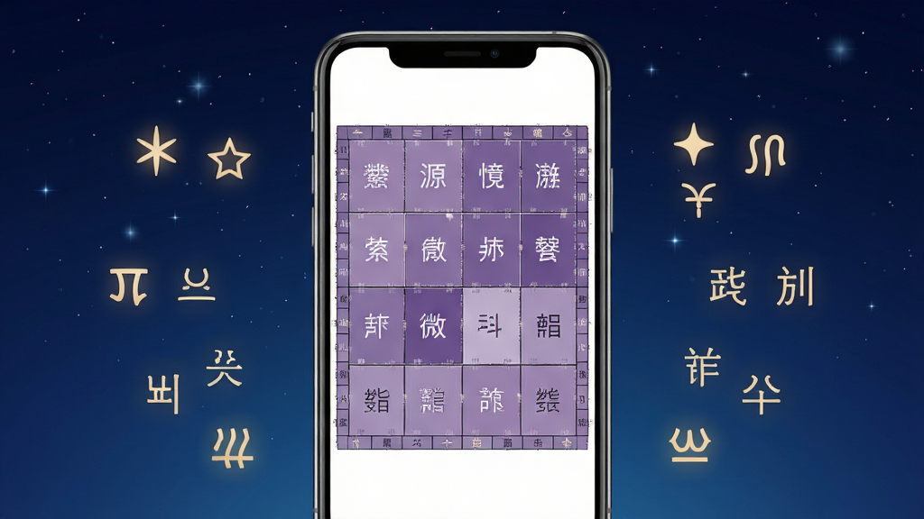 手机应用界面展示,画面中央一部智能手机竖屏显示紫微斗数命盘十二宫格布局,盘面用细线分隔,宫位内标注文字,手机两侧漂浮淡金色星曜符号与天干地支字符,背景为深蓝渐变夜空,点缀细微星光,整体风格简洁现代,排版居中对称,细节清晰,画质干净,无多余元素