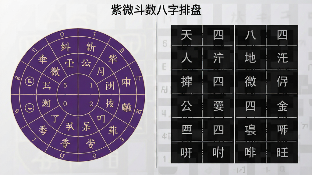 手机屏幕左右分栏展示,左侧为紫微斗数十二宫圆形盘面,右侧为四柱八字天干地支竖排列表,中间以细线分隔,屏幕上方显示软件名称