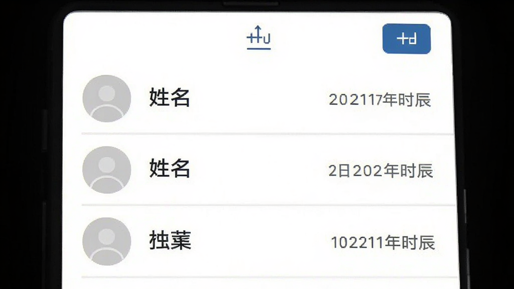 手机应用档案管理界面,列表形式展示多条出生信息记录,每条记录左侧为圆形头像占位图标,右侧显示姓名与出生日期时辰,列表项之间用浅灰分割线隔开,顶部有添加按钮,背景为纯白,风格简约商务,布局清晰,细节干净,画质干净,无多余元素