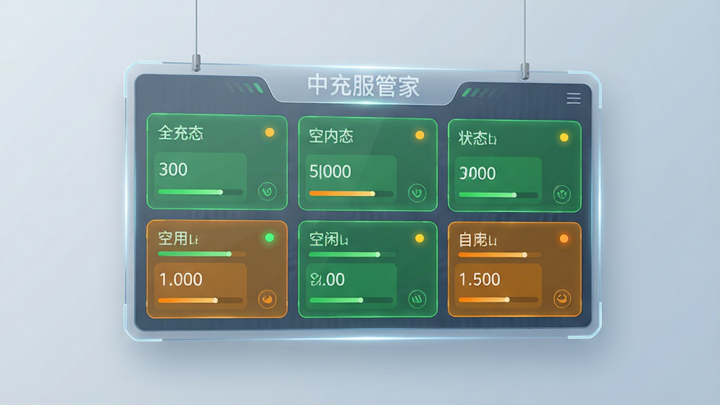画面主体为一块悬浮的数字化监控面板,面板上排列多个充电桩状态卡片,卡片以绿色和橙色区分空闲与占用状态,布局为上下分层、面板居中悬浮,排版上软件名称“中充服管家”以浅色字置于面板顶部,风格为清爽的科技信息图,细节包括进度条、状态指示灯与轻微发光边框,背景为浅灰蓝渐变,画质高清、干净、无多余元素