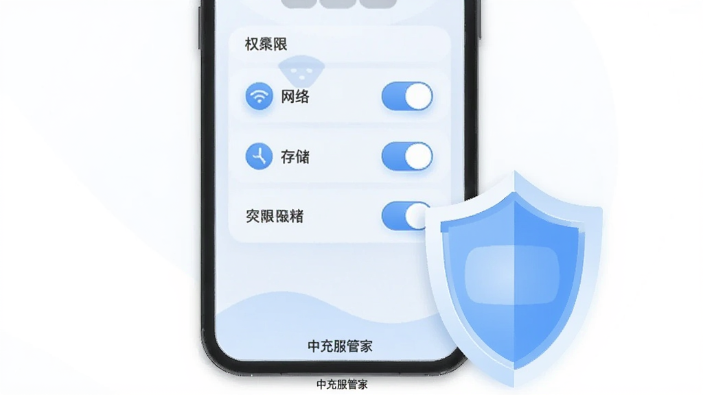 画面主体为一部手机屏幕显示应用权限设置页面,页面上有网络、存储等权限开关图标,手机旁放置一个盾牌图标象征安全防护,布局为手机居中、盾牌位于右下角,排版上软件名称“中充服管家”以小字置于画面底部,风格为简洁扁平化插画,细节包括浅蓝色调、圆角图标与柔和阴影,背景为纯白,画质高清、干净、无多余元素
