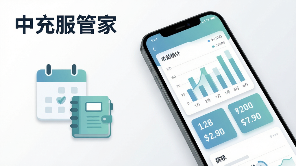 画面主体为手机屏幕内展示收益统计图表,包含柱状图与数字汇总卡片,手机斜置于画面右侧,左侧以简洁图标表示日历与账本,布局为左右分栏构图,排版上软件名称“中充服管家”以深色字置于画面左上角,风格为简洁商务插画,细节包括柔和的蓝绿色调、清晰的数字排版与轻微阴影,背景为纯白到浅灰的渐变,画质高清、干净、无多余元素