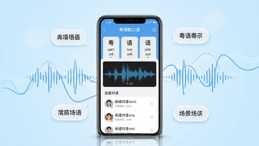 软件核心全貌展示图,画面中央放置一部智能手机,手机屏幕上显示粤语智能口语应用的主界面,界面中包含粤语拼音卡片、发音波形图与场景对话列表,手机周围环绕粤语常用词汇气泡与声波线条,背景为浅蓝色渐变,整体风格清爽现代,布局居中对称,细节丰富,画质清晰干净,无多余元素