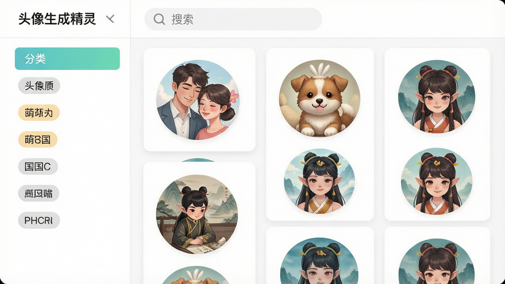 一张头像模板库展示图,主体为“头像生成精灵”模板选择页面,布局为顶部搜索栏、左侧分类导航、右侧模板缩略图瀑布流,排版紧凑有序,风格为明亮清新卡片式设计,细节包含情侣、萌宠、国风等分类标签与圆形头像预览,画质高清,干净,无多余元素
