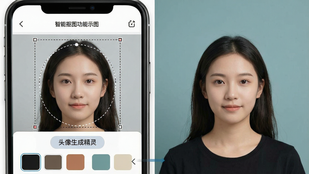 一张智能抠图功能示意图,主体为手机界面中人物头像被自动抠出并放置在新背景上,布局为左侧原图、右侧效果图对比展示,排版左右分栏清晰,风格为简洁实用风,细节包含“头像生成精灵”按钮文字、虚线选区轮廓、背景色块选项,画质高清,干净,无多余元素