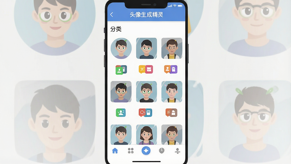 一张手机应用界面展示图,主体为“头像生成精灵”软件主界面,布局为顶部标题栏写有“头像生成精灵”字样,中间为分类头像模板网格,底部为功能按钮导航,排版整齐清晰,风格为清爽扁平化UI设计,细节包含圆形头像预览、彩色分类标签、简约图标,画质高清,干净,无多余元素