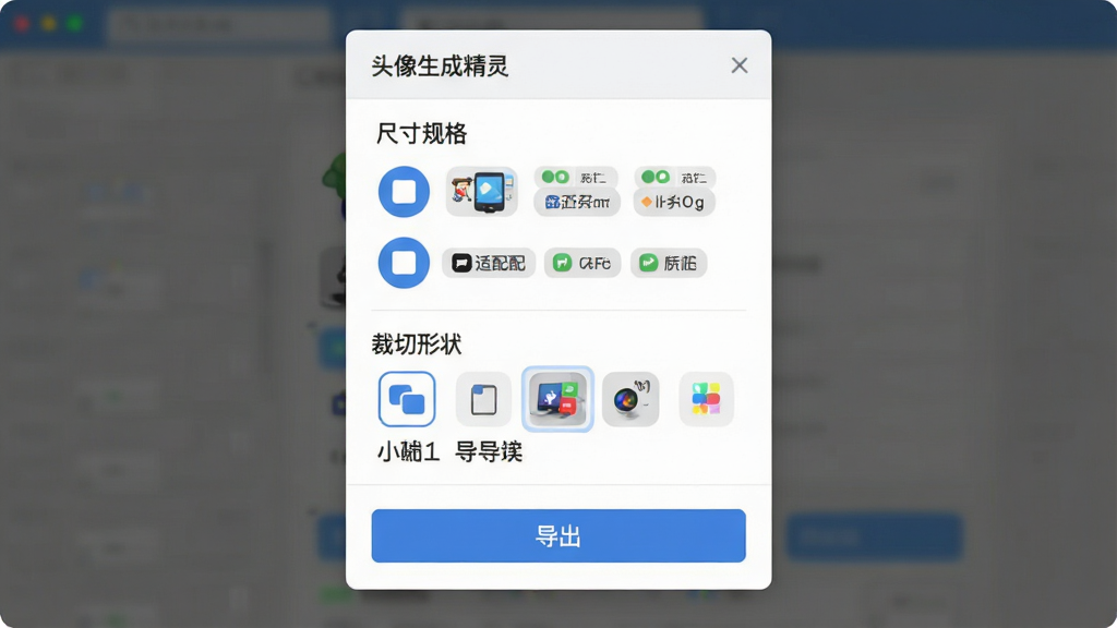 一张批量导出设置界面图,主体为“头像生成精灵”导出选项面板,布局为上方尺寸规格列表、中间裁切形状选择、底部导出按钮,排版纵向排列规整,风格为浅色简约商务风,细节包含圆形方形圆角图标、多平台适配标签文字,画质高清,干净,无多余元素