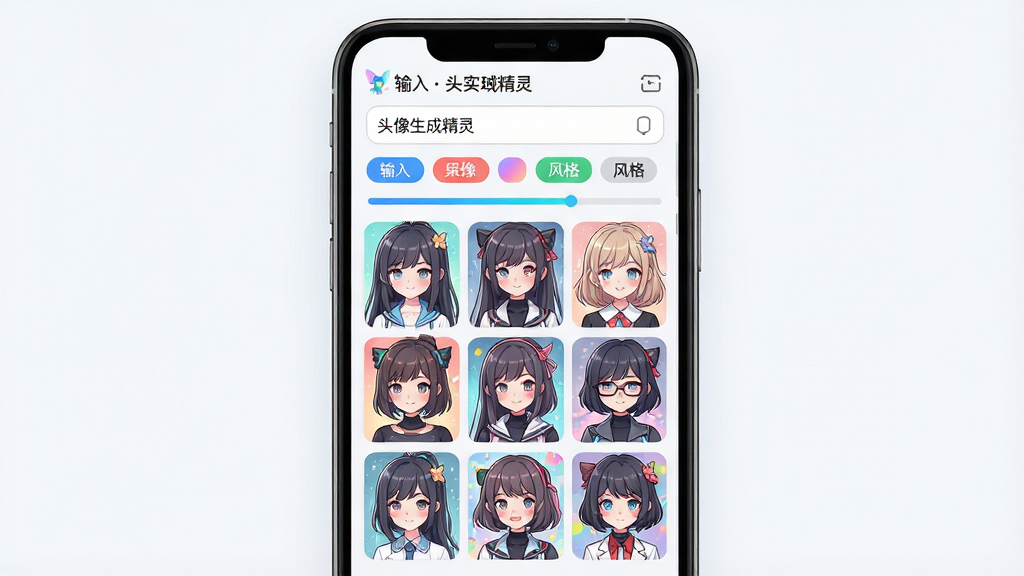 一张AI头像生成过程示意图,主体为手机屏幕中显示AI生成的多款动漫风格头像排列,布局为上方输入框与风格标签、下方头像结果九宫格,排版居中对称,风格为科技感与清新结合,细节包含“头像生成精灵”软件名称文字、彩色风格标签、生成进度条,画质高清,干净,无多余元素