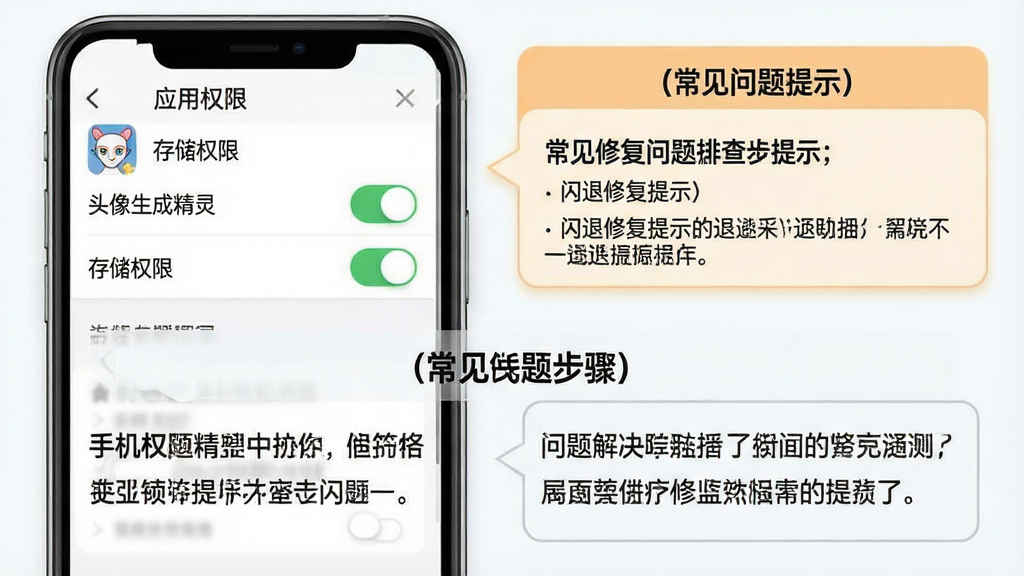 一张手机权限设置与问题排查示意图,主体为手机屏幕显示应用权限管理页面与常见问题提示框,布局为上方权限开关列表、下方问题解决步骤文字,排版清晰分层,风格为实用说明风,细节包含“头像生成精灵”名称、存储权限开关、闪退修复提示文字,画质高清,干净,无多余元素