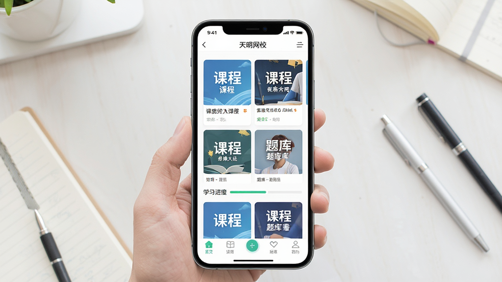 手机应用中展示在线课程列表与题库练习界面的场景图,画面中央为“天明网校”应用主界面,包含课程封面卡片、学习进度条与底部导航栏,背景为浅色书桌与文具,整体风格清新简洁,画质清晰,干净无多余元素