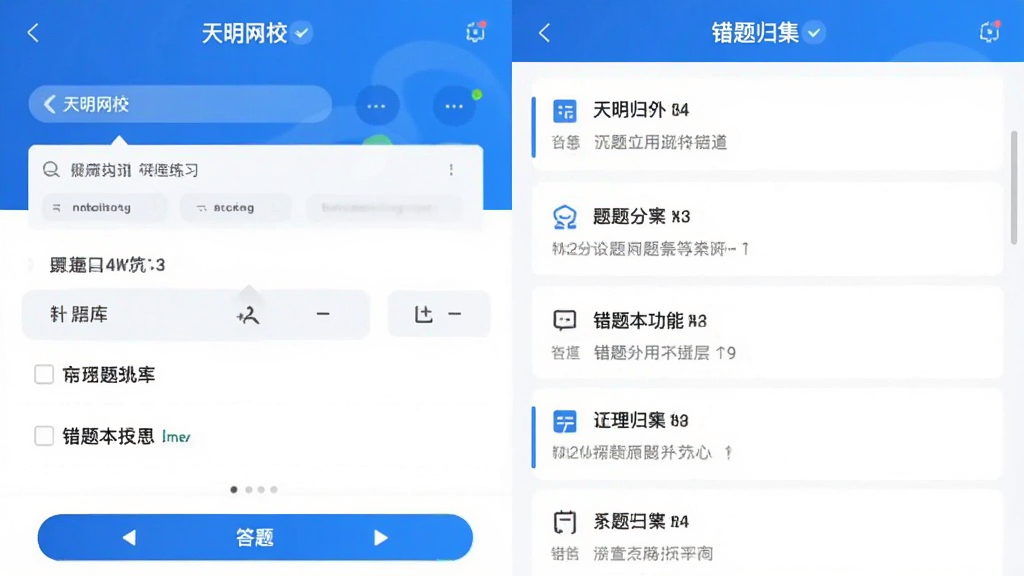 在线学习应用内题库练习与错题本功能展示图,画面左侧为答题界面,右侧为错题归集列表,界面中可见“天明网校”字样,整体采用蓝白配色,布局规整,风格简约商务,画质清晰干净