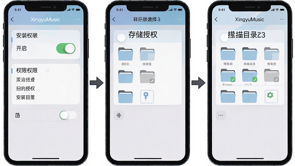 一张教程步骤示意图风格展示图,主体为手机屏幕依次展示安装权限开启、存储授权、扫描目录选择三个步骤画面,布局为三屏并排横向排列、箭头连接,排版清晰有序,风格扁平化教学插图,细节包含设置开关与文件夹图标,画质干净无多余元素,画面中带文字“XingyuMusic”