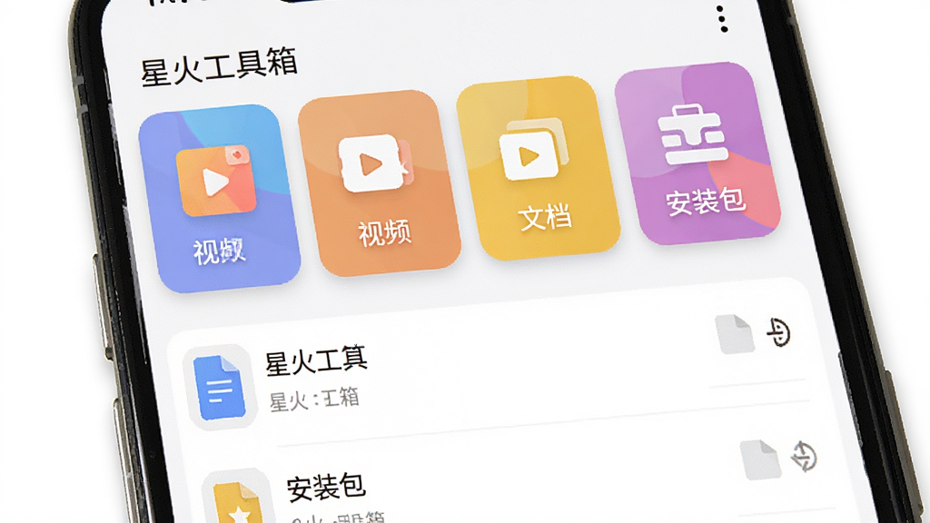 星火工具箱应用内的文件分类界面截图风格图片,画面主体为手机屏幕,屏幕内呈现“星火工具箱”的图片、视频、文档、安装包四个彩色分类卡片,卡片下方是文件列表,布局为上下结构,风格清新扁平,细节有圆角卡片和轻微投影,画质清晰干净,无多余元素