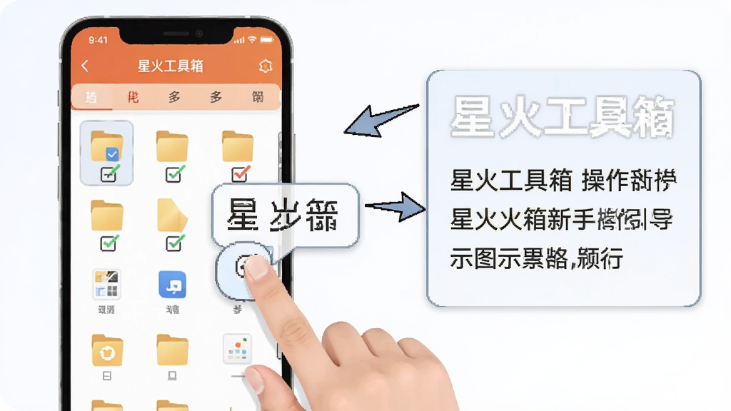 星火工具箱新手操作引导示意图,画面为一部手机和一只手指标注操作步骤,手机屏幕显示“星火工具箱”的文件多选界面,手指旁边有长按提示气泡,布局为左右分栏,左侧手机右侧步骤文字框,风格为教程图解风,细节包括箭头指示和勾选标记,画质清晰干净,无多余元素