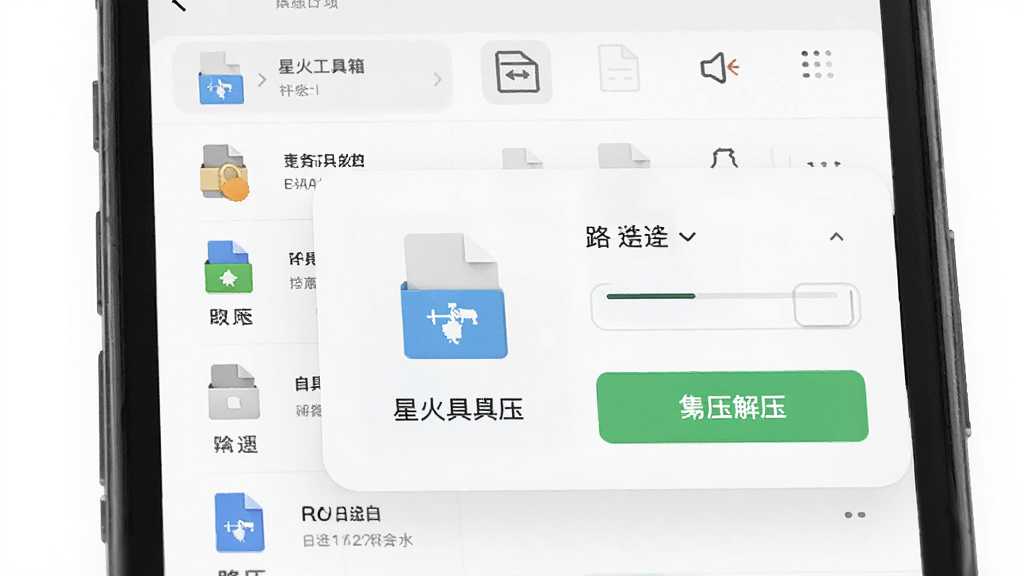 星火工具箱压缩包管理功能示意图,画面为手机屏幕特写,屏幕中显示一个压缩包文件被点开后的内部文件列表预览,旁边有解压按钮和路径选择框,布局为居中构图,风格为现代简约UI风,细节包括文件图标和进度条元素,画质清晰锐利,背景干净,无多余元素