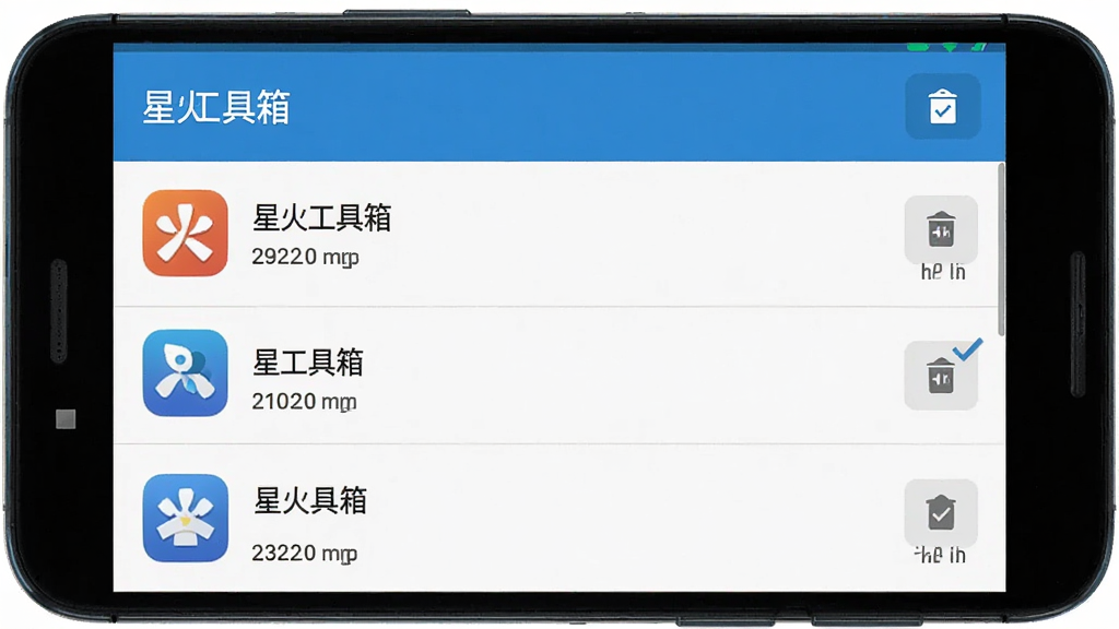 星火工具箱安装包管理界面展示图,画面主体为一部横放的安卓手机,屏幕显示“星火工具箱”的安装包列表页面,每个条目带有应用图标、名称和文件大小,右侧有删除按钮,布局为横向排列,风格为清爽浅色系,细节有列表分隔线和选中状态勾选框,画质干净清晰,无多余元素