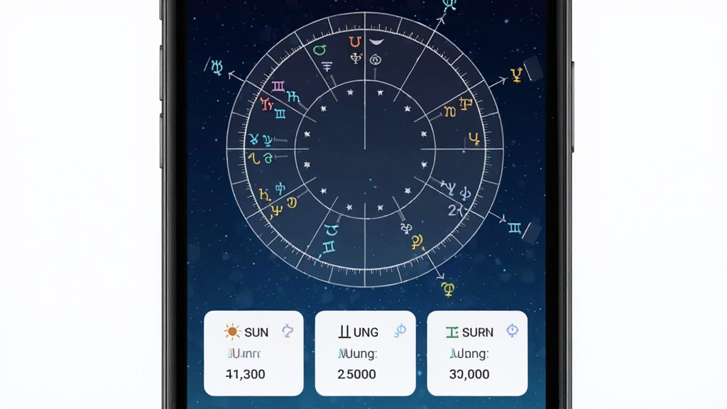 一张展示手机屏幕的图片,画面中央是星盘分析软件的主界面,圆形星盘图占据屏幕上半部分,行星符号沿圆环排列,下方是太阳月亮上升三项数据卡片,背景为深蓝色星空渐变,整体风格简洁现代,画质清晰干净,无多余元素