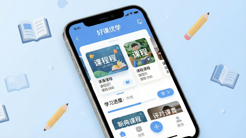 画面主体为一款智能手机,屏幕中央显示“好课优学”APP首页界面,界面中包含课程卡片、学习进度条与底部导航栏;布局采用居中构图,手机略微倾斜展示屏幕内容,背景为浅蓝色渐变并点缀书本与铅笔的扁平化图标;排版简洁明快,风格为现代科技教育风,细节上突出屏幕内课程封面的层次感与按钮的圆角设计;画质清晰干净,无多余元素,整体色调清新柔和。