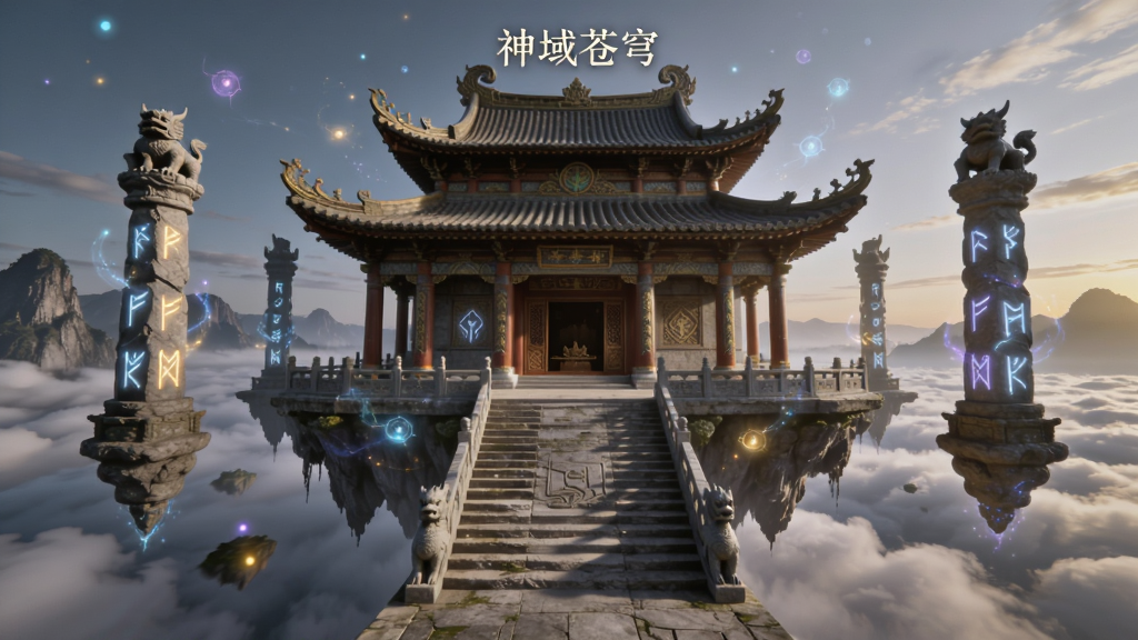 主体为一座悬浮于云海之上的东方玄幻风格神殿建筑,布局采用居中对称构图,神殿两侧有发光符文石柱与飘散的灵气光点,排版为横版宽幅画面,风格为写实玄幻数字绘画,细节包括屋檐瑞兽雕刻、阶梯纹理、远处层叠山峦与霞光,画质高清干净,画面中悬浮文字“神域苍穹”,无多余元素