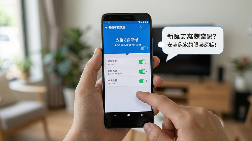 画面主体为一名新手用户手持安卓手机,屏幕显示云值守商家端安装完成后的权限设置页面,旁边有提示气泡;布局为人物手部特写与手机屏幕居中;排版突出权限开关与提示信息;风格为写实教程演示风格;细节包含手机屏幕权限列表、手指点击动作、背景虚化的室内环境;画质高清、干净、无多余元素