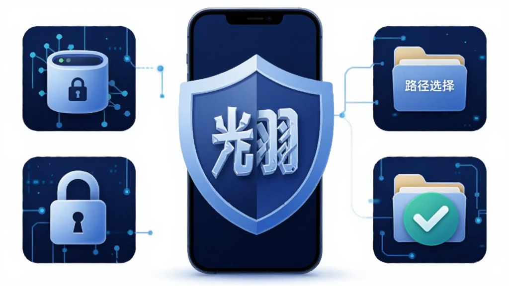 画面主体为光羽解压专家本地安全解压概念图,布局为手机与盾牌图标组合居中,排版左右对称,风格为深蓝科技感插画,细节包含本地存储标识、加密锁、路径选择文件夹、安全对勾,画质高清干净无多余元素