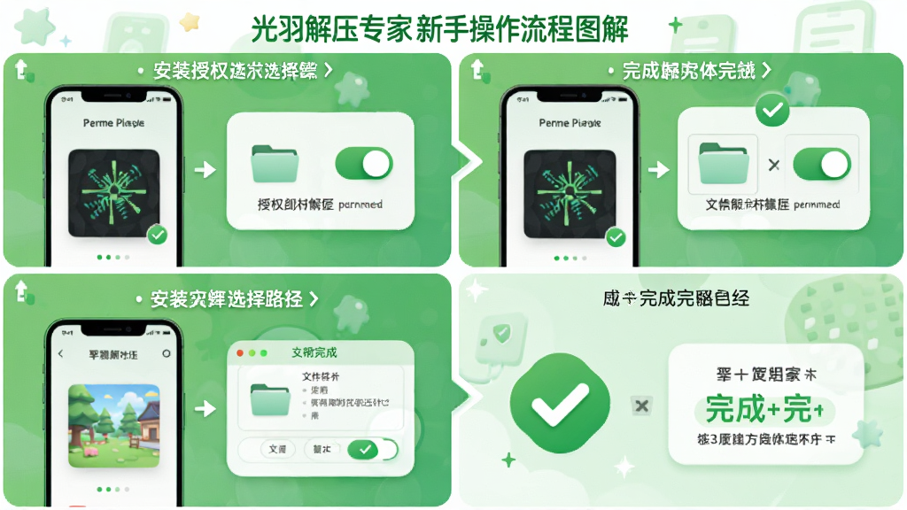 画面主体为光羽解压专家新手操作流程图解,布局为四格分镜展示安装授权选择路径解压完成四个步骤,排版从左到右递进式排列,风格为清新绿色调信息图风格,细节包含手机界面示意、权限开关图标、文件夹选择框、完成对勾标识,画质高清干净无多余元素