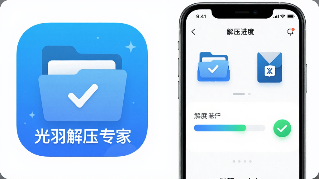 画面主体为一款名为“光羽解压专家”的手机应用图标与界面展示,布局采用中心对称构图,左侧放置软件图标右侧展示解压进度界面,排版简洁明快,风格为现代科技扁平化设计,细节包含文件夹图标、压缩包图标、进度条与对勾标识,画质高清干净无多余元素